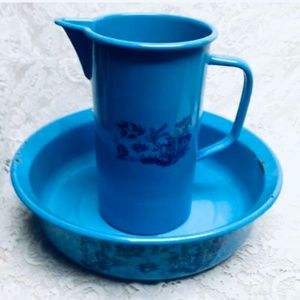 Antique, Rare, French Blue Willow Enamelware Set, Wash Bowl 16in-Pitcher 12in H
